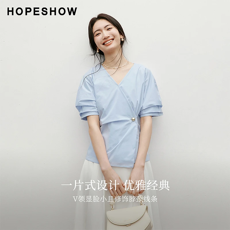 红袖2025夏女装蓝色泡泡袖收腰一片式交叉套头短上衣90125142005