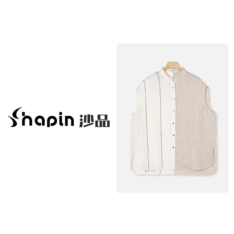 文艺静奢华夫格亚麻拼接无袖衬衫立领慵懒上衣女CZ2411