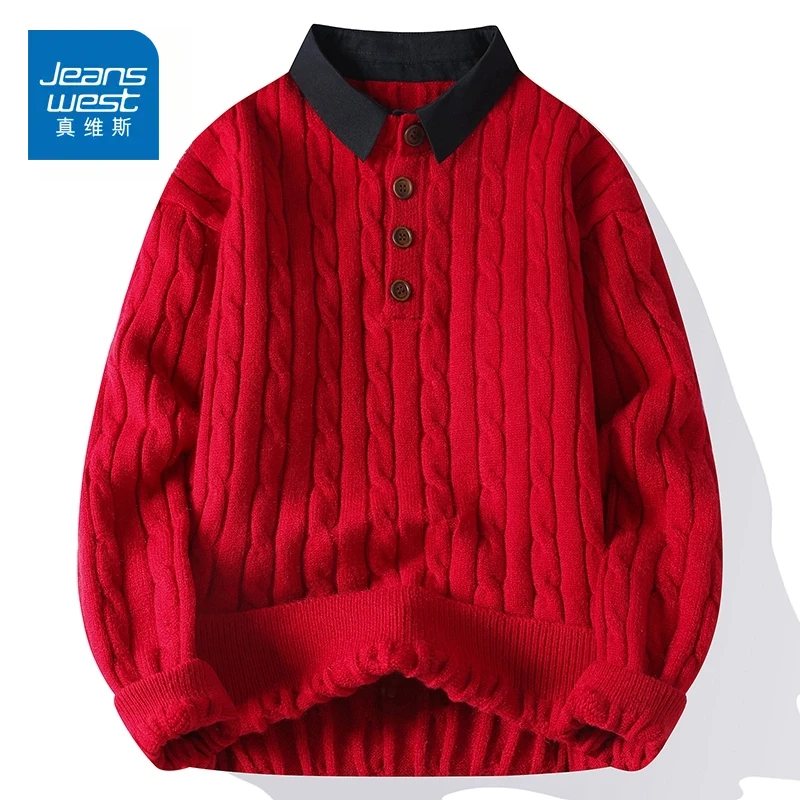 Jeanswest/真维斯新年衬衫领假两件红色蛇年春节保暖厚毛衣 男女
