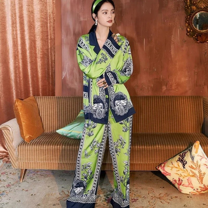 波西米亚风高级感冰丝睡衣女2025年新款春秋长袖长裤两件套家居服