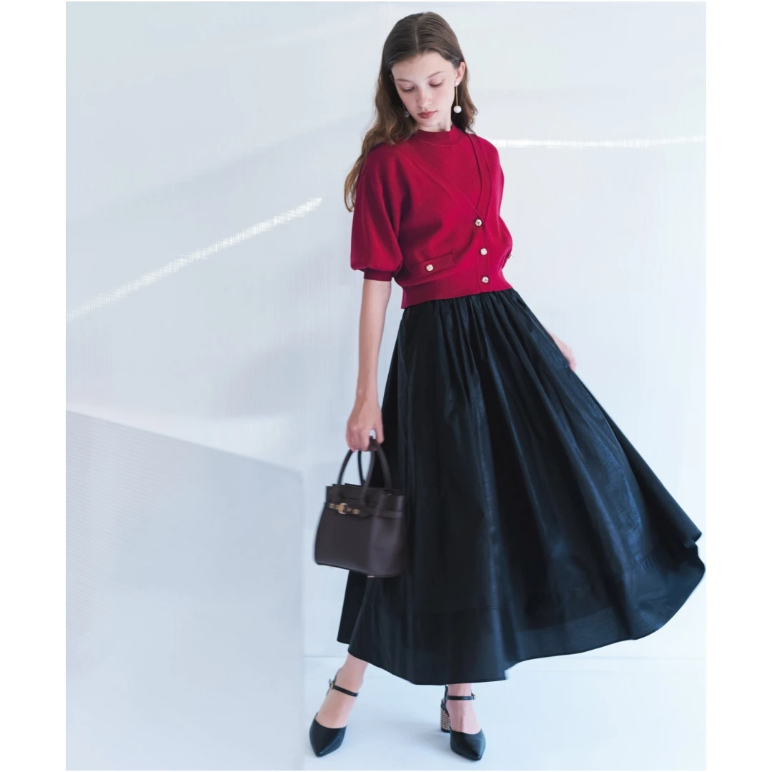 【TaKuMi】日系品牌 N 秋季新款 时尚优雅缩褶亮面高腰喇叭半裙