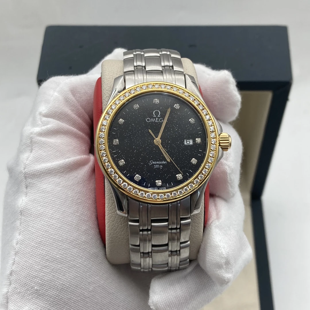 95新 Omega/欧米茄 36.5mm 海马 后配星空盘后镶钻石英中性表