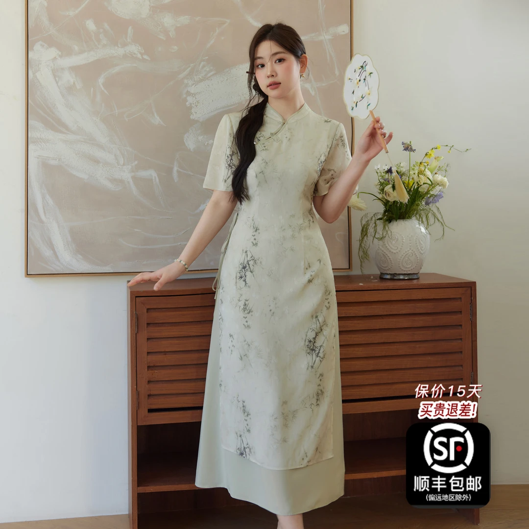 蓝语大码胖妹妹胖mm改良旗袍裙2025夏季礼服开叉印花连衣裙子