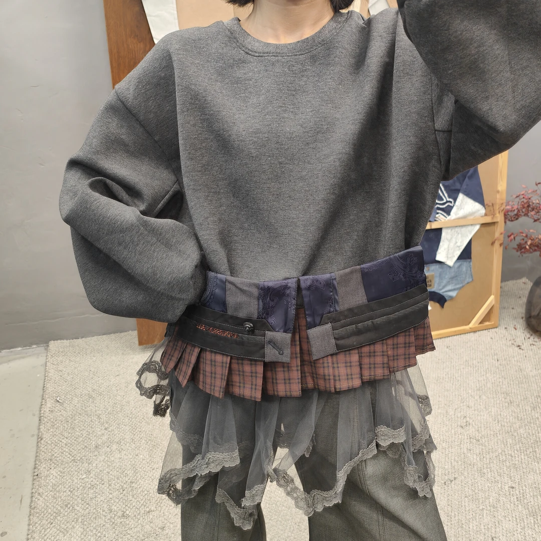 秋季卫衣格子休闲长袖日系厚款百搭拼接8710