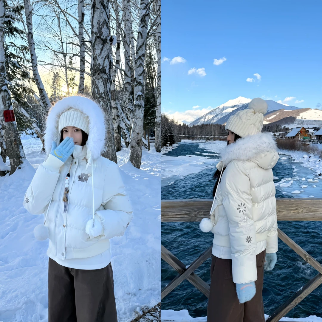 ‘雪花刺绣’AMER 美式复古冬季短款雪人拉链连帽收腰显瘦棉服