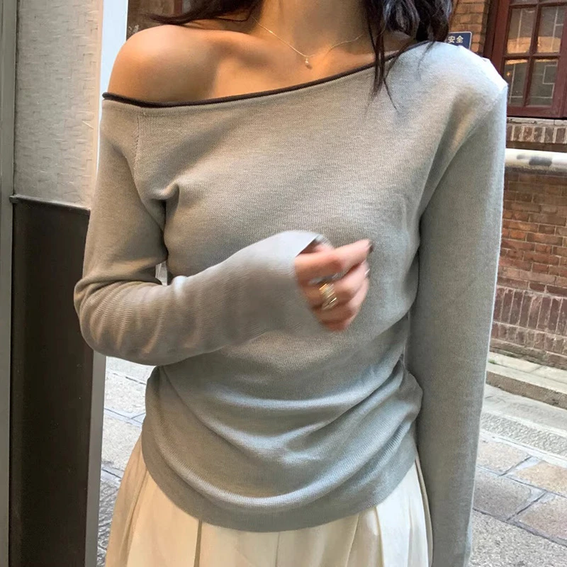 微胖穿搭韩系洋气一字肩长袖针织衫女秋季大码显瘦巨好看斜肩上衣