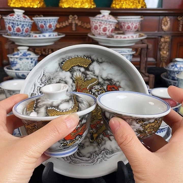 墨彩金龙三件套茶具
