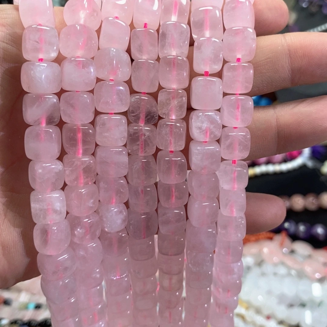 未镶嵌玛瑙/玉髓珠宝半成品天然粉水晶方糖一条卡10mm