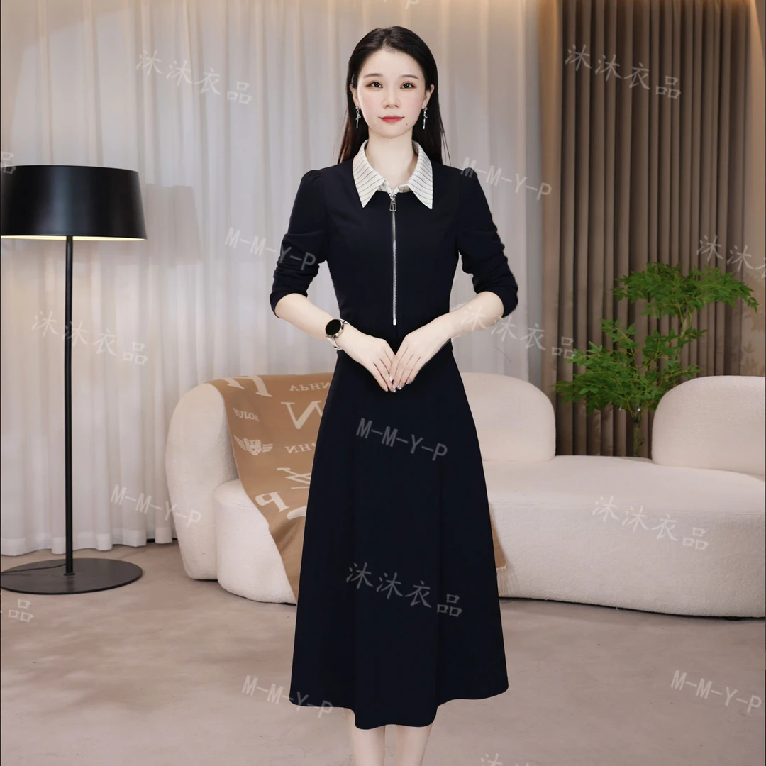 沐沐衣品显瘦气质九分袖裙子轻奢时尚连衣裙秋季藏蓝色法式收腰