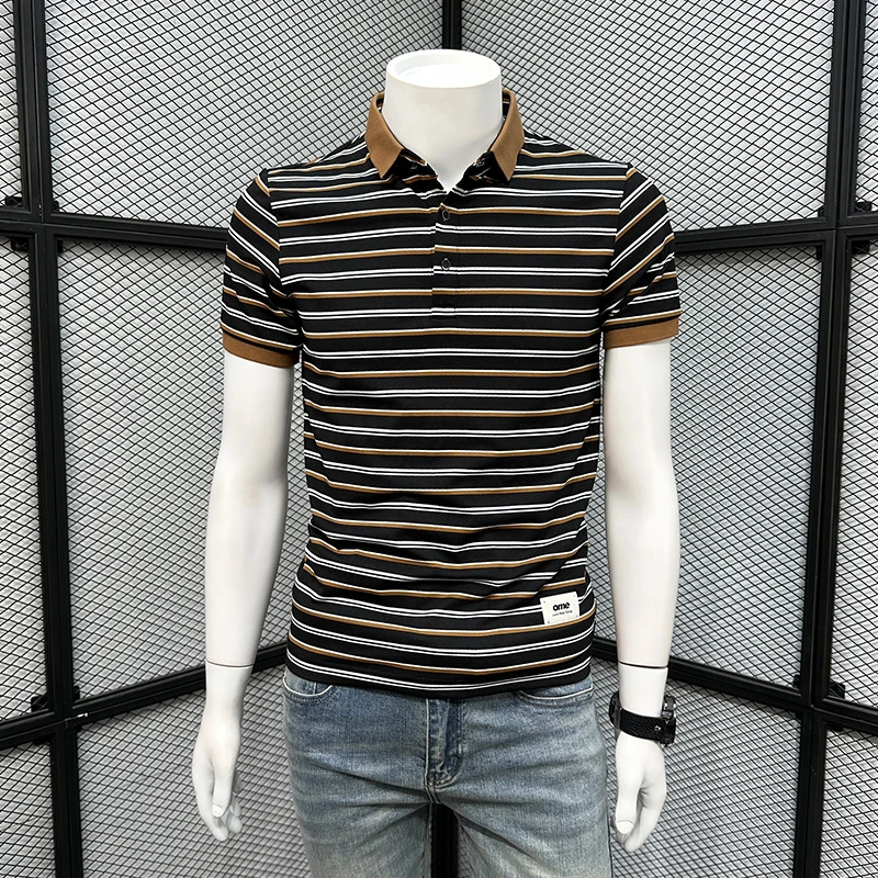 约文库费高端时尚春夏季男款POLO衫条纹短袖休闲时尚高端修身体恤