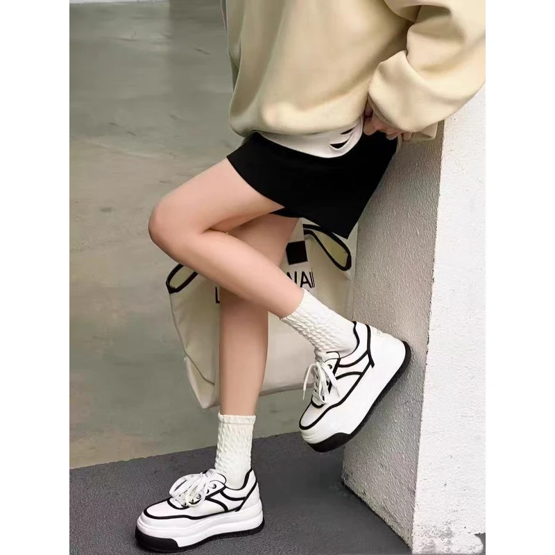 系带防滑修面皮拼色时尚休闲鞋高帮百搭小白鞋女鞋G3380