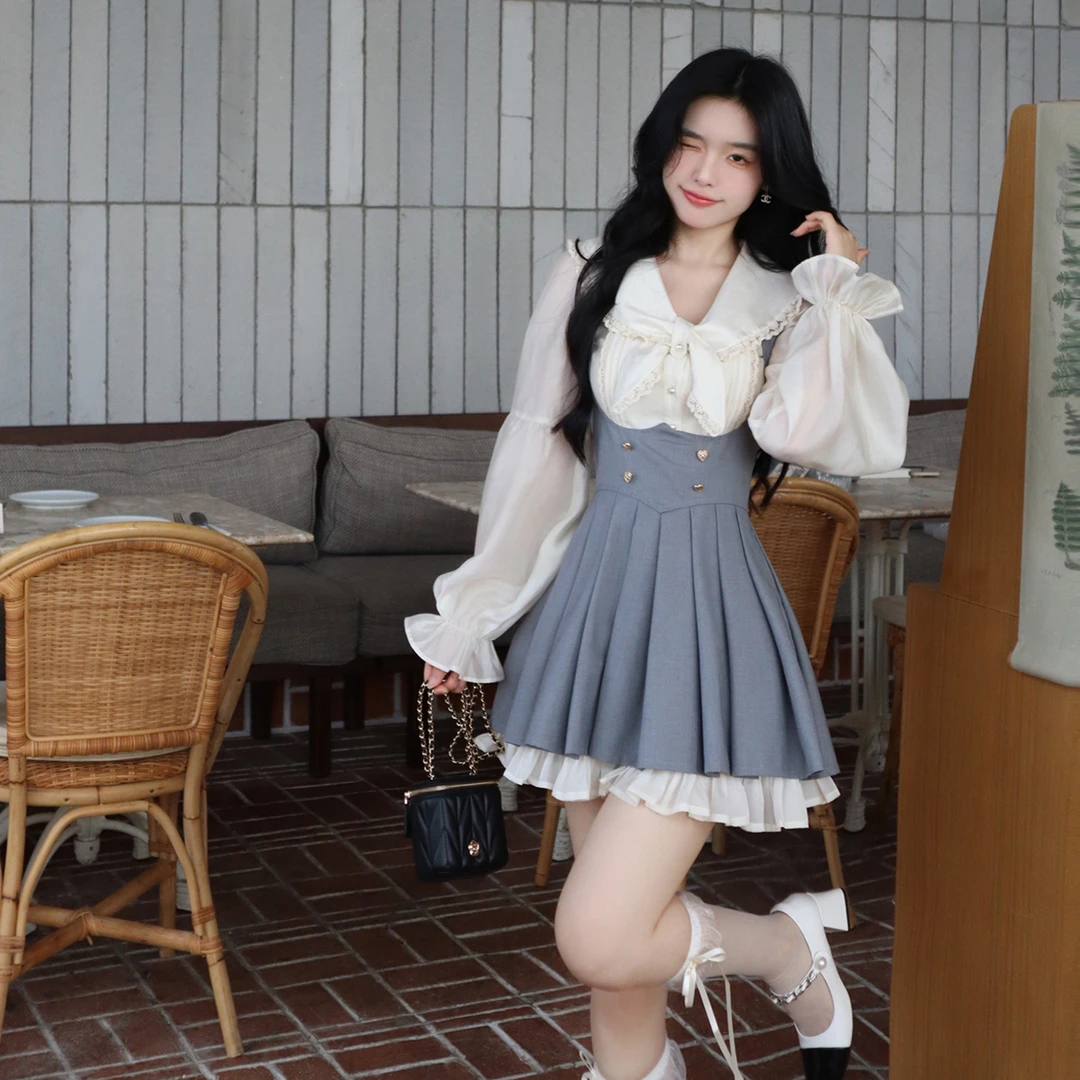 Blovelan海畔诗集 甜美短裙百褶收腰显瘦背带连衣裙女春季新款