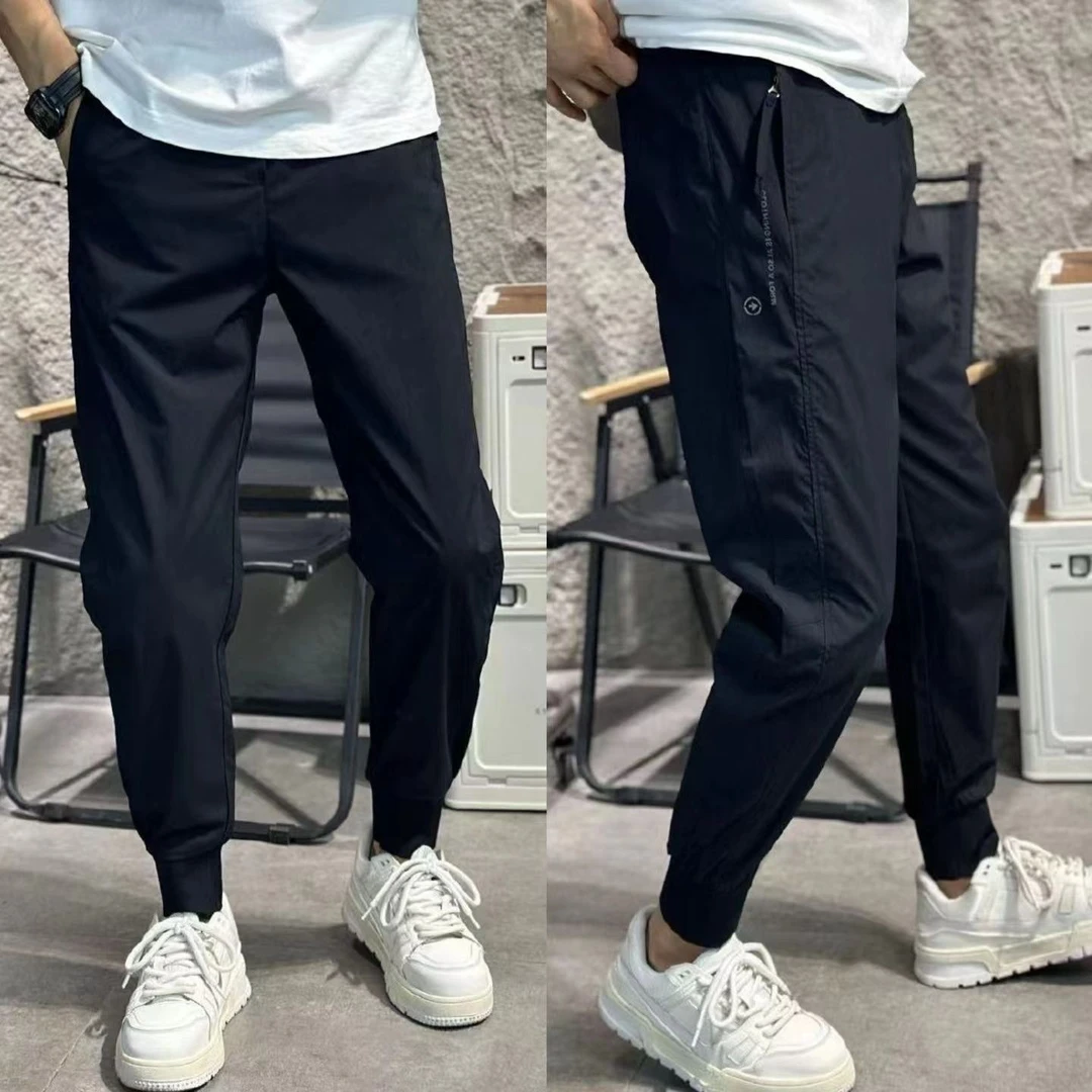 夏季薄款冰丝速干休闲裤男潮牌修身小裤束裤痞帅百搭拉链口袋