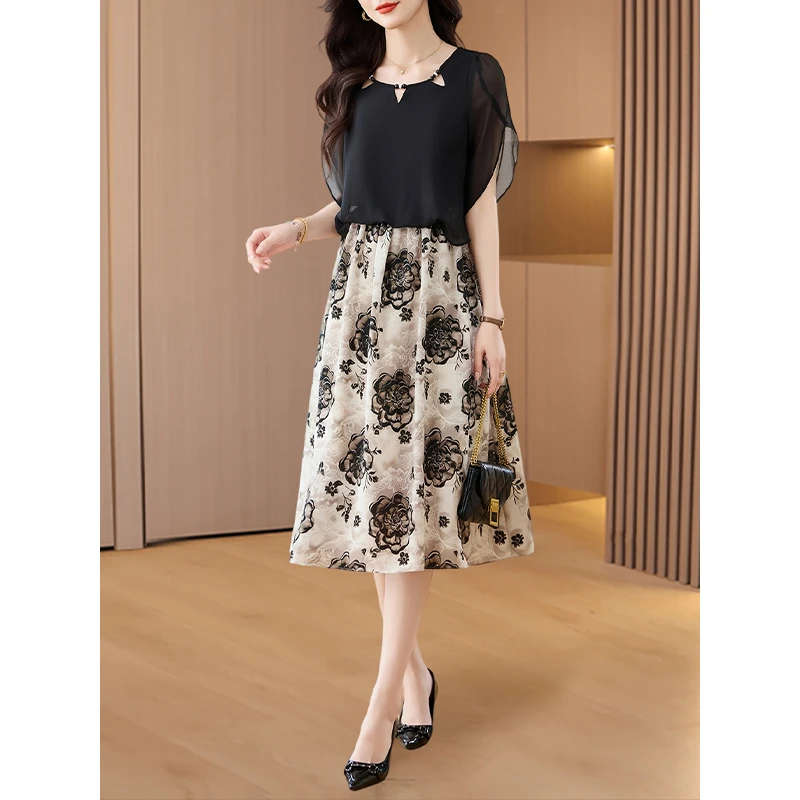 5125#高端气质冰丝雪纺假两件套装连衣裙女2025夏季新款妈妈高贵