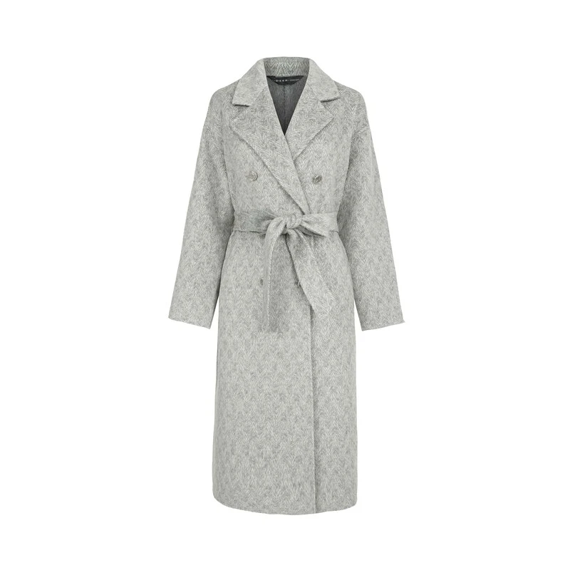 sdeer圣迪奥女装时尚休闲西装领条纹收腰毛呢长款大衣S23482503