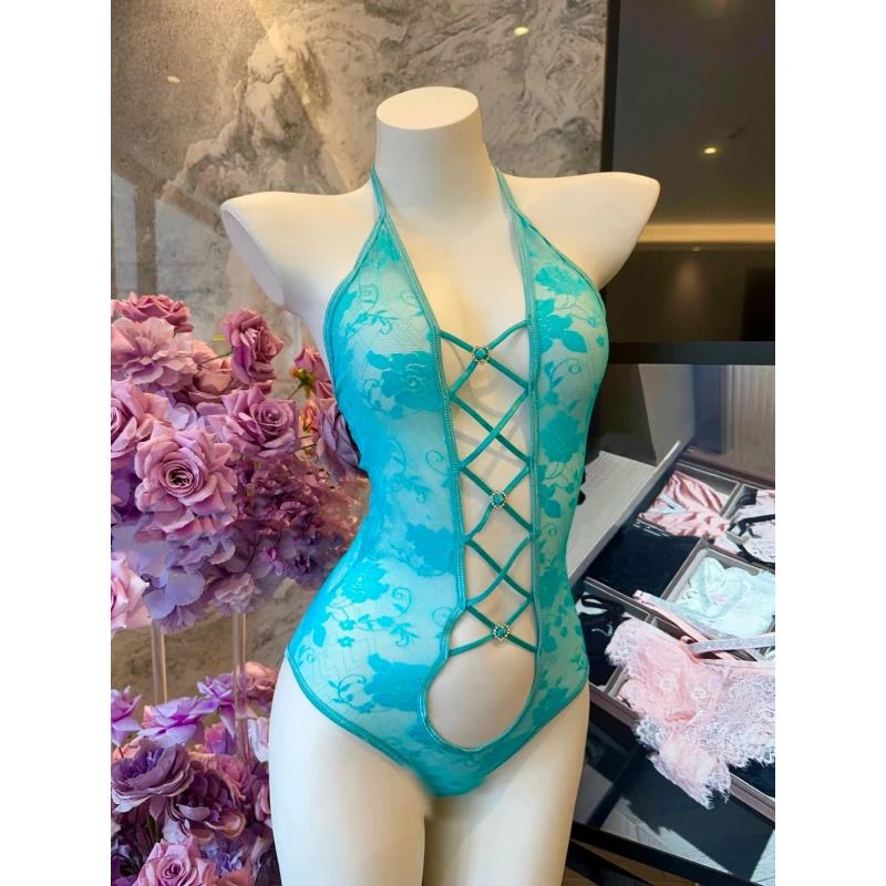 魅惑【清冷蓝调】性感御姐蕾丝挂脖内衣收腰紧身新款女士睡衣镂空