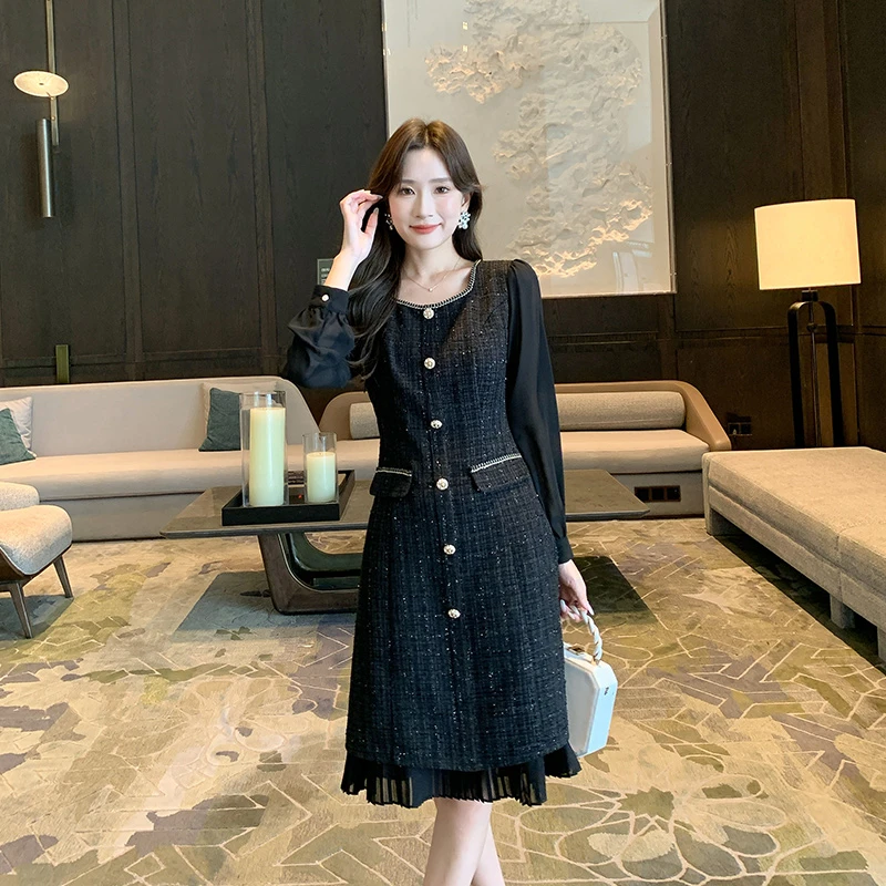 奢姿2025秋季新款大码女装织带方领裙子胖妹妹气质拼接连衣裙