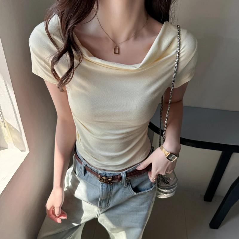 高级设计感堆堆围巾领一字肩短袖t恤女式春夏季修身显瘦上衣 T恤