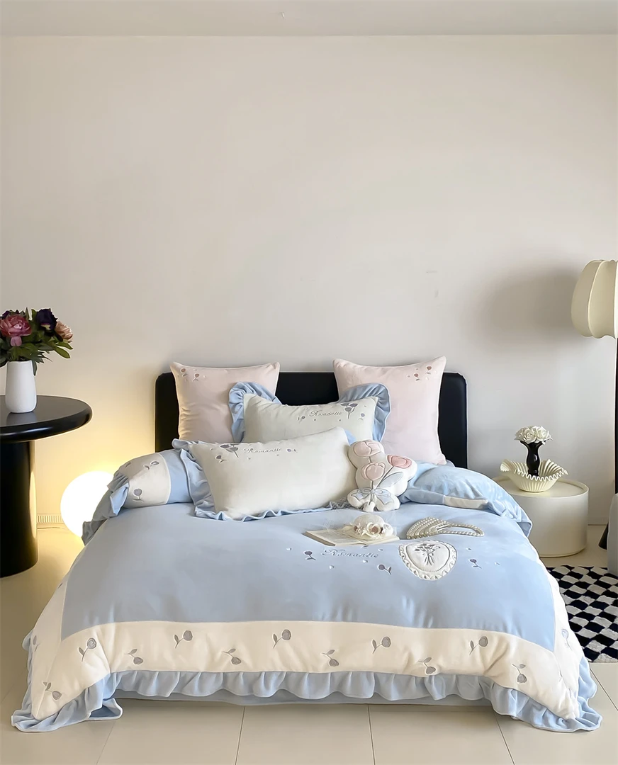 W 8595 秋冬新款牛奶绒绣花四件套 郁金香-蓝