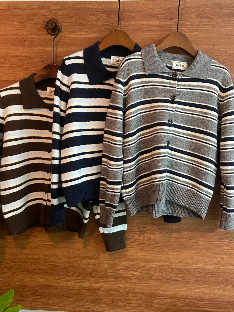 深色女式翻领软糯条纹开衫纽扣款内搭长袖毛衣