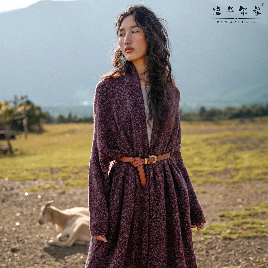 潘华尔姿秋冬高定羊绒长款保暖大外套女慵懒优雅手工编织定制宽松
