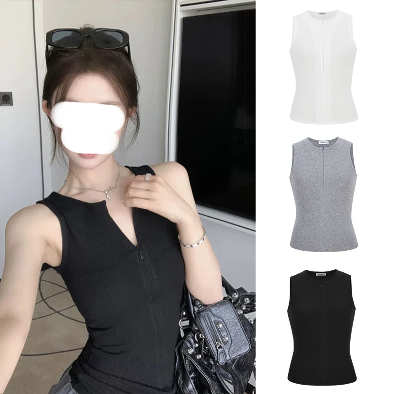 Moses Queen/魔西女王黑色拉链无袖上衣女夏季修身显瘦打底背心