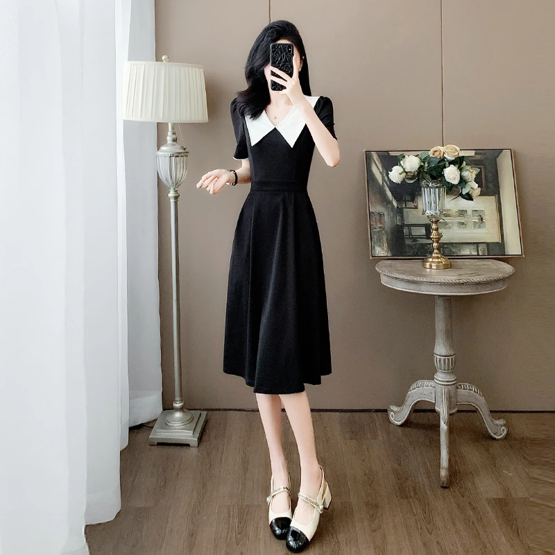 黑色休闲气质连衣裙女夏新款收腰显瘦气质时尚法式减龄高级感裙子