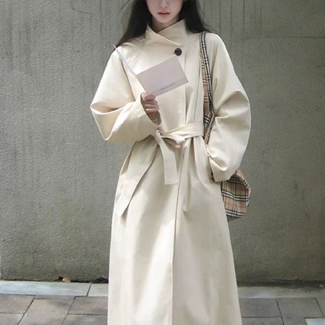 2195韩系宽松百搭中长款女士春秋风衣外套系带收腰小个子适用