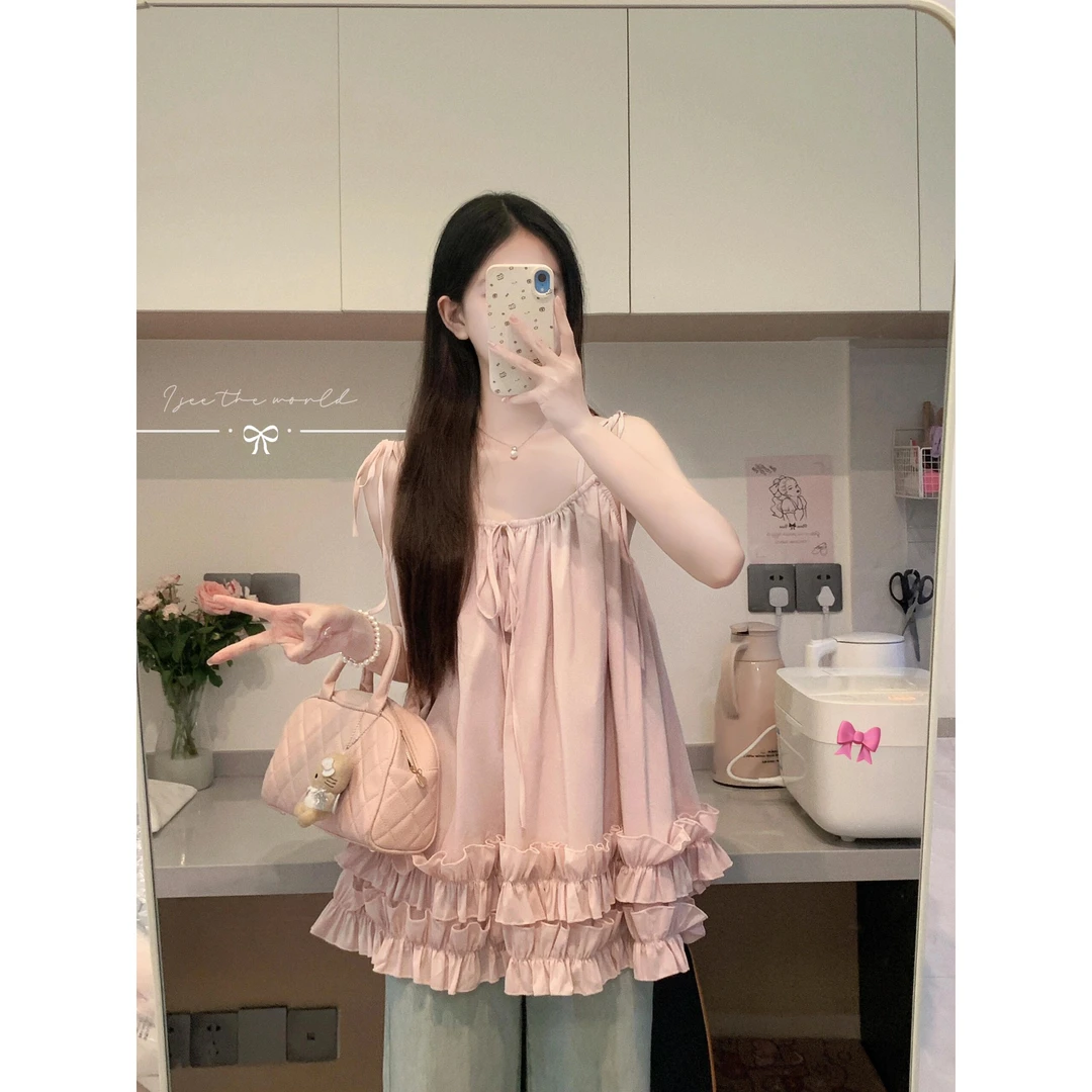 法式后妈裙吊带连衣裙女短款2025夏季新款粉色木耳边宽松海边女