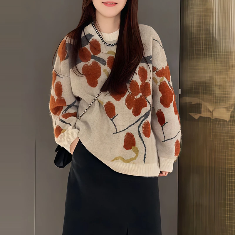 冬春新款柿柿如意重工提花撞色减龄针织衫女法式时尚慵懒软糯毛衣