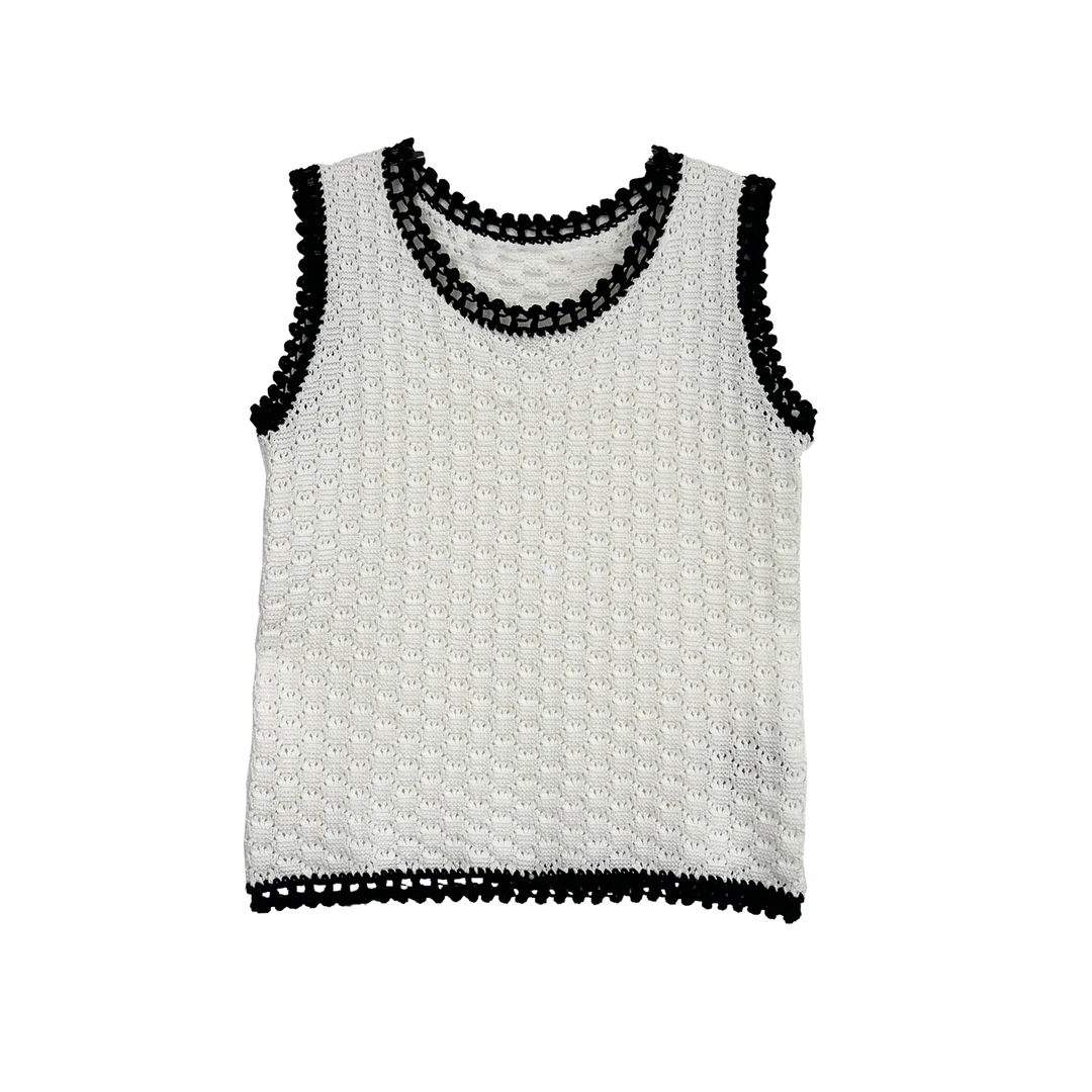 CHEN23夏季100棉气质小香风无袖撞色圆领针织宽肩带背心2502051