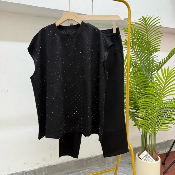 夏季韩版宽松显瘦3色亮钻套装