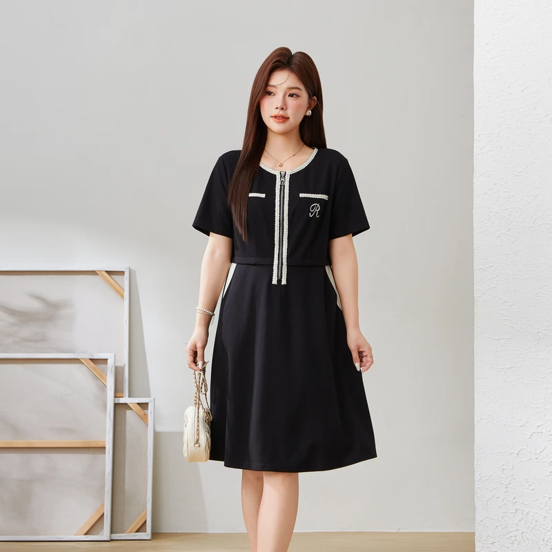 采多宝大码女装新款拼接法式气质收腰显瘦连衣裙连衣裙 EXQ5376