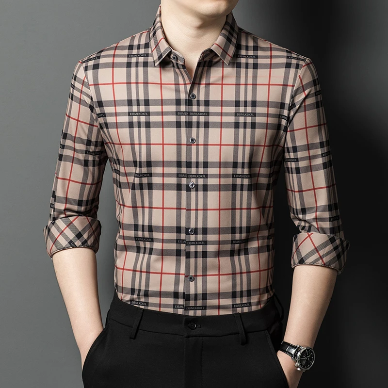 【专柜同款】男士休闲格子长袖衬衫氨纶商务休闲百搭免烫抗皱衬衣