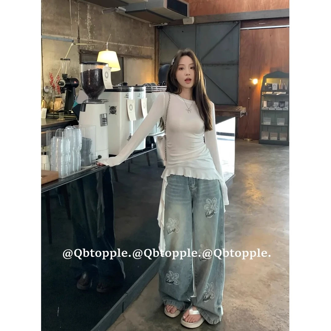 白色荷叶边长袖T恤打底衫女春夏季纯欲小个子修身显瘦不规则上衣