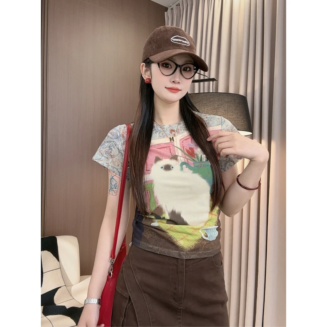 【小米】2025新款百搭圆领油画猫咪修身显瘦上衣143