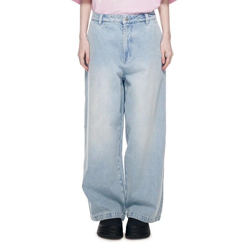 XX男女同款简约磨白直筒个性牛仔长裤