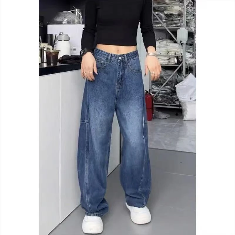 浅蓝色高腰阔腿牛仔裤女2025春季新款宽松显瘦百搭直筒裤弯刀裤子