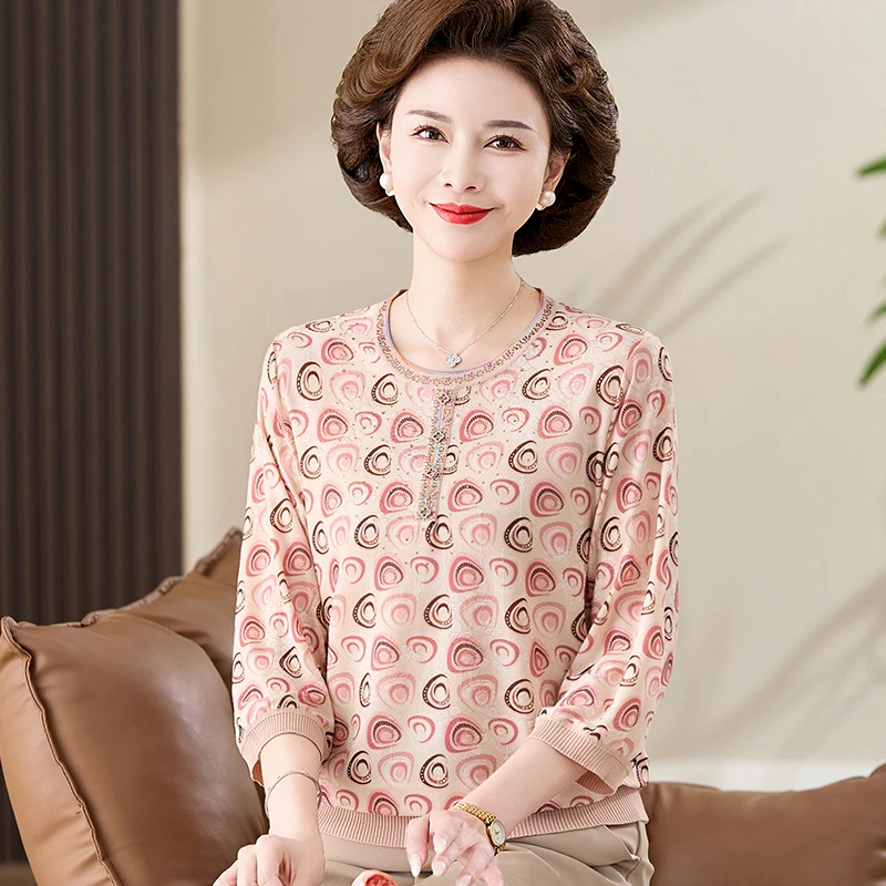 2025新款妈妈夏装短袖T恤打底小衫新款七分袖薄T恤中年女50岁上衣