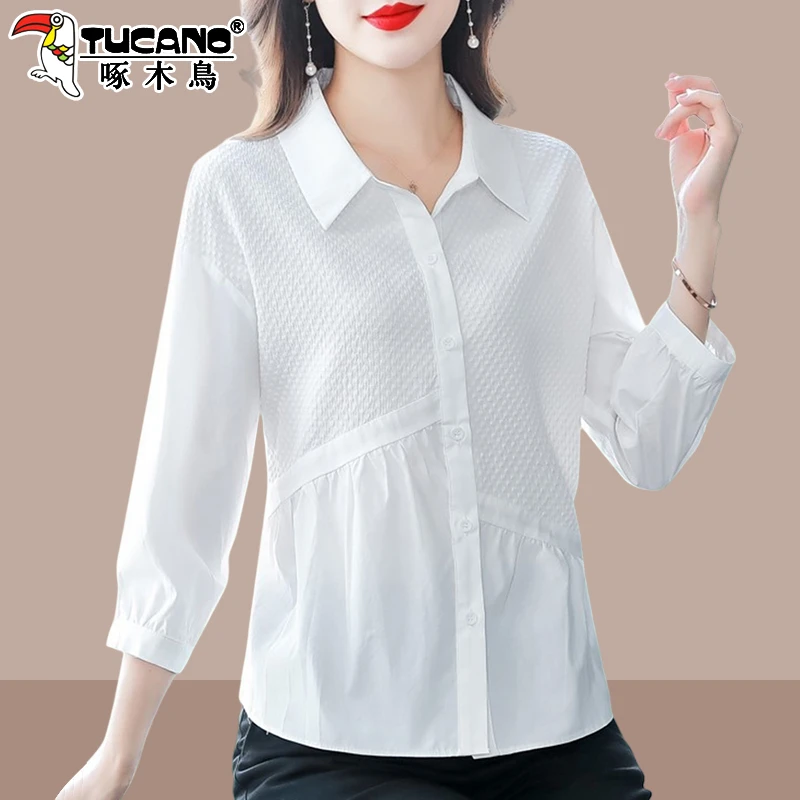 啄木鸟纯棉白色衬衫女款长袖春秋时尚洋气上衣小衫七分袖女士衬衣