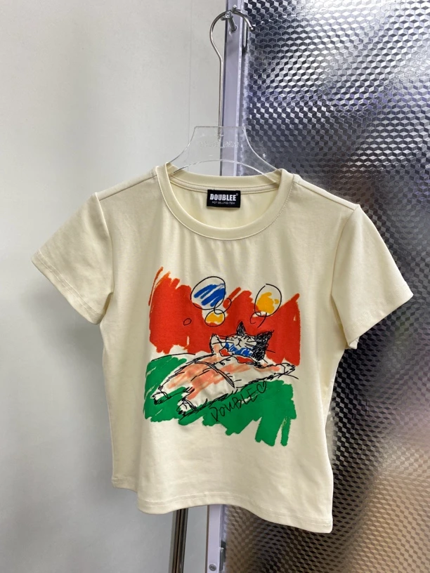 深圳南油TTONE红绿水彩躺平猫咪多巴胺圆领刺绣重工短袖T恤