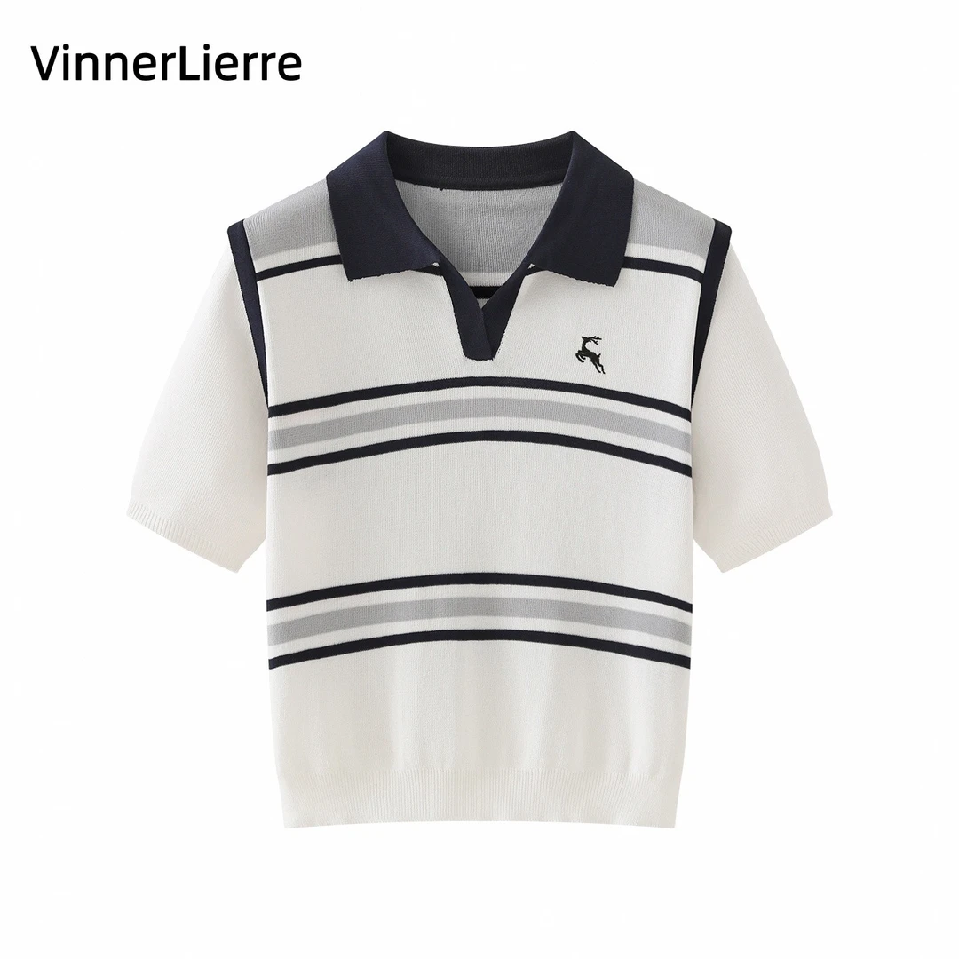 薇妮诺针织短袖POLO衫夏季起球风条纹套头衫女士polo宽松温婉风秋