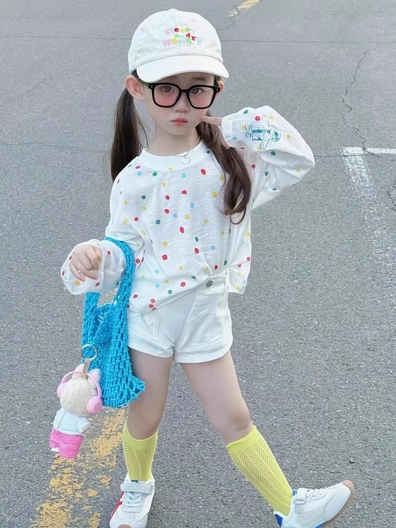 女童时髦套装2025夏季新款儿童圆点印花防晒衫T恤女宝宝儿童服装