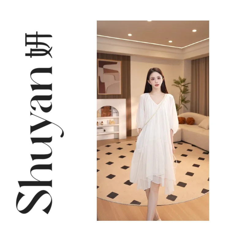 Shuyan妍【兔兔裙】甜美仙女荷叶边五分袖中长款连衣裙639341