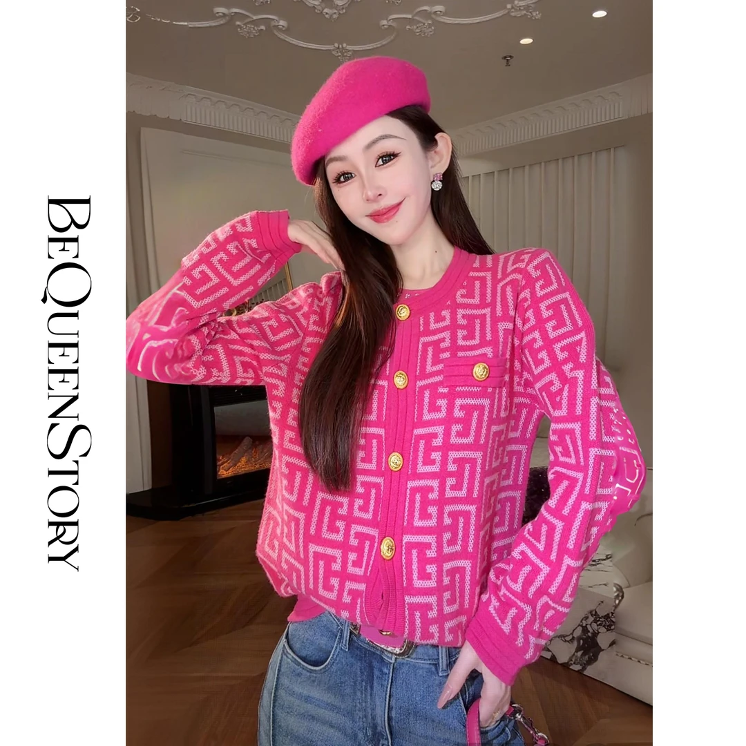 余潇潇【法奢甜莓】时尚100美丽诺羊毛纱线网格双层提花圆领开衫