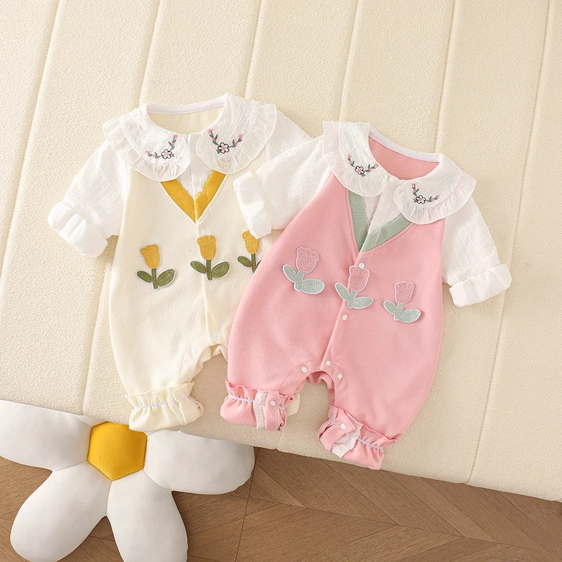 2025新款春秋季女宝宝花朵爬服满月学院风郁金香洋气圆翻领连体衣