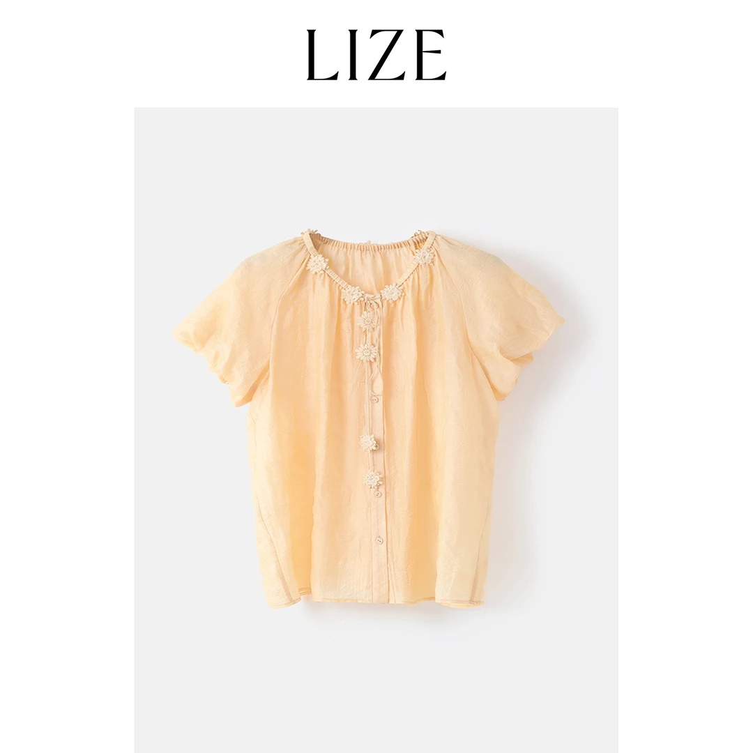 LIZE「金影浮花」定纺莱赛尔.嵿奢金丝提花.立体花朵法式衬衫L0002
