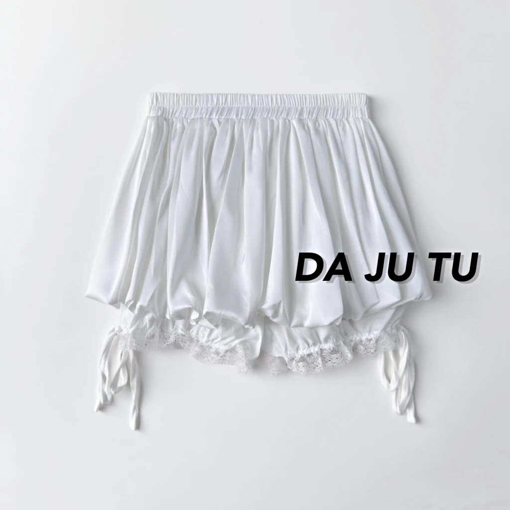 甜美蕾丝边拼接蓬蓬半身裙女夏季2025高腰蝴蝶结绑带A字花苞短裙