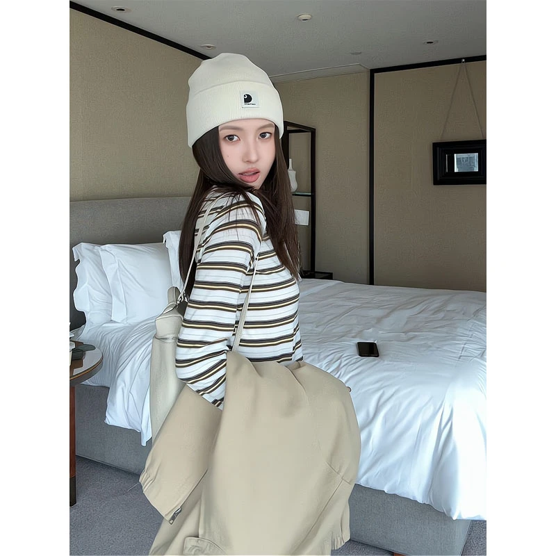 撞色条纹短款长袖t恤女2025早秋修身打底上衣美式复古弯刀工装裤