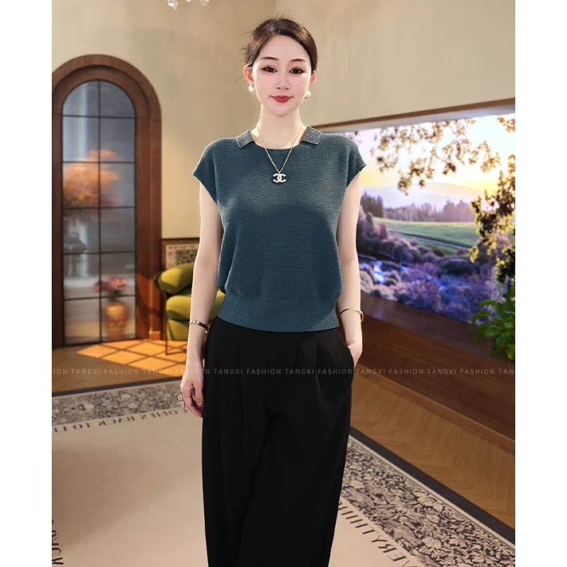 2026夏季新【7280】轻奢时尚洋气冰感绵羊毛蓝色烫钻圆领上衣女